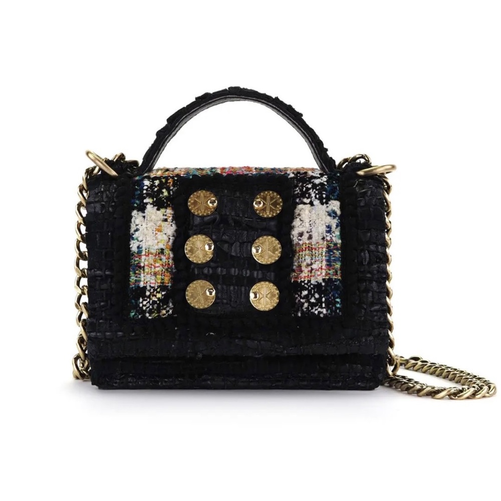 Kooreloo Black Tweed Manhattan Shoulder Bag. Black Leather and Tweed.
